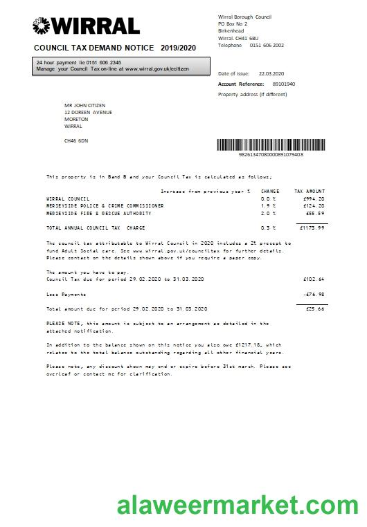 United Kingdom Wirral council tax bill template in Word and PDF format